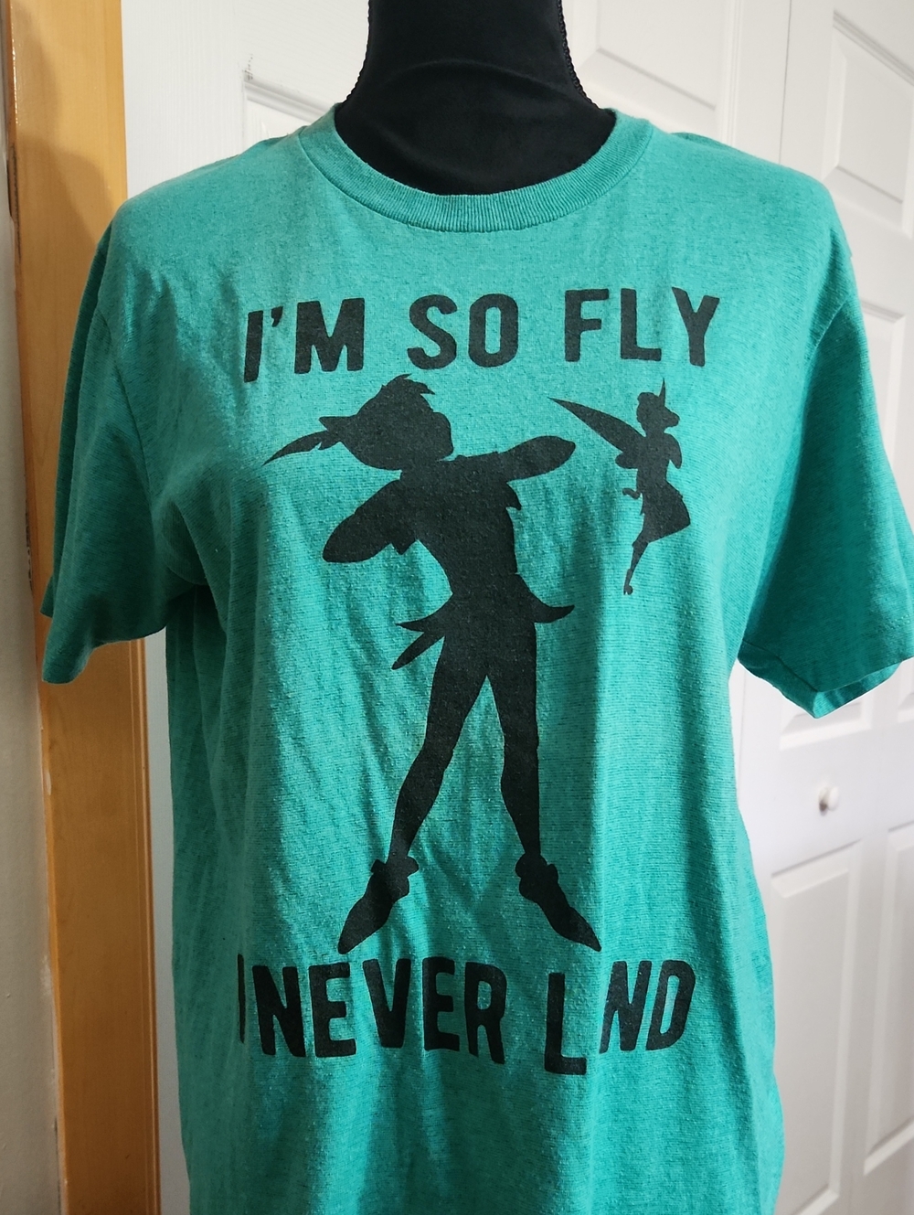 Disney Green Graphic Tee with Peter Pan Silhouette 'I'm so Fly, I Never Land'